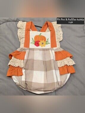 Pumpkin Applique Ruffle Romper - Orange & Beige Plaid